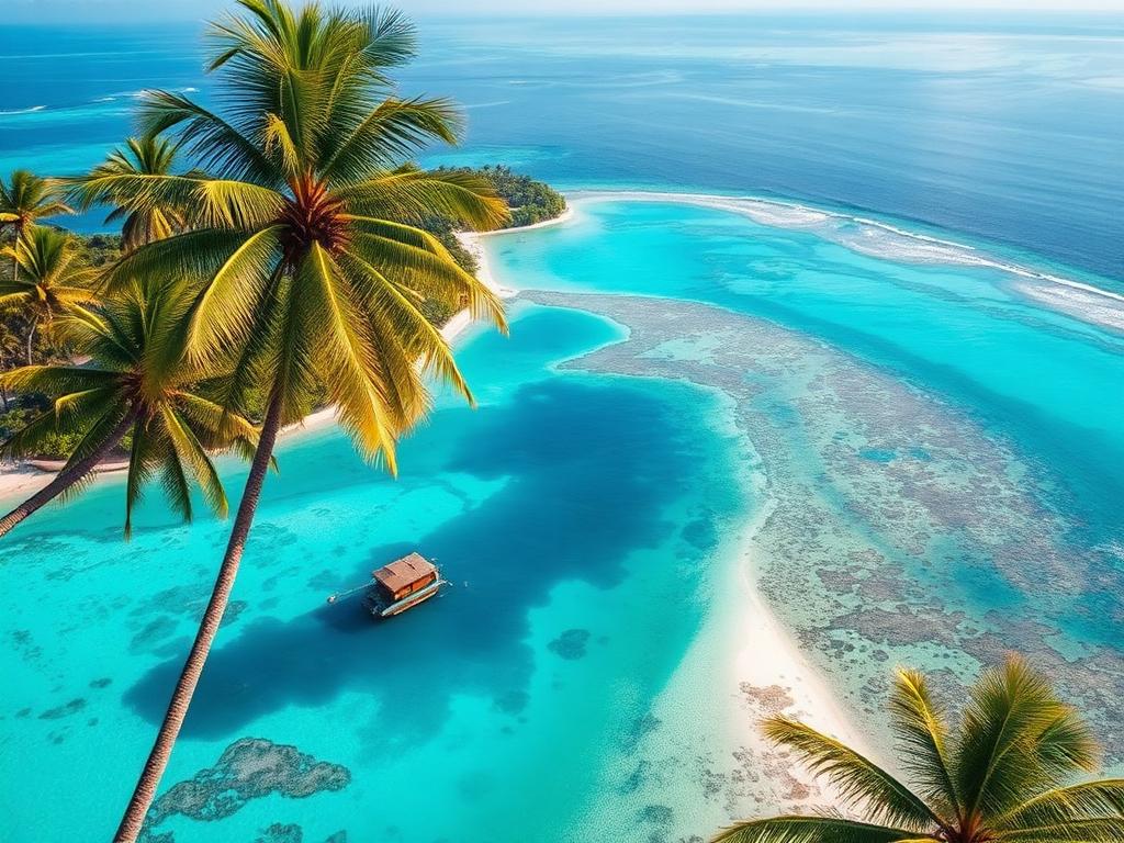 Tropische Insel mit Palmen und türkisfarbener Lagune aus der Vogelperspektive