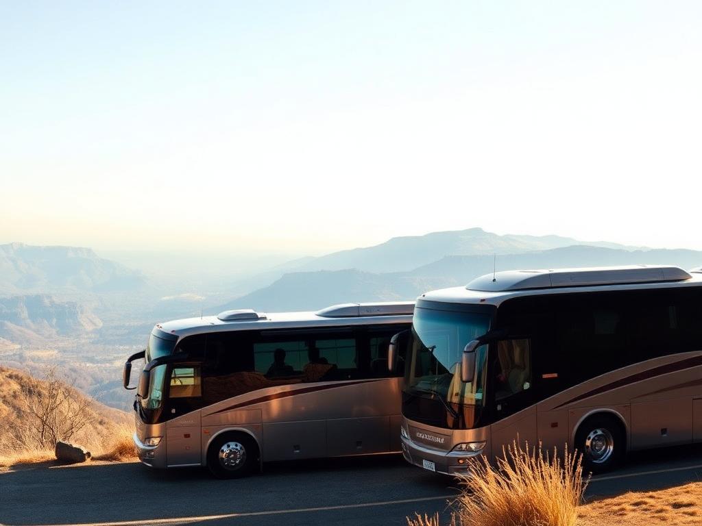 Reisebusse an einem Aussichtspunkt mit weitem Blick über ein Tal