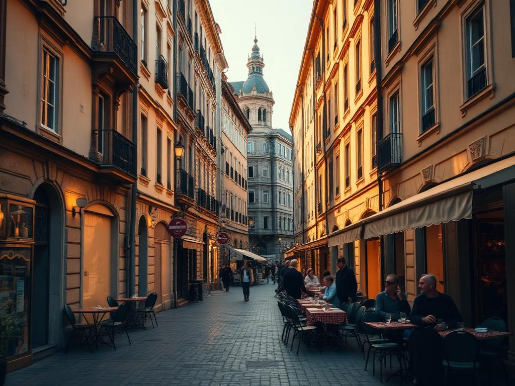 Historische Altstadtgasse mit Cafés im warmen Abendlicht